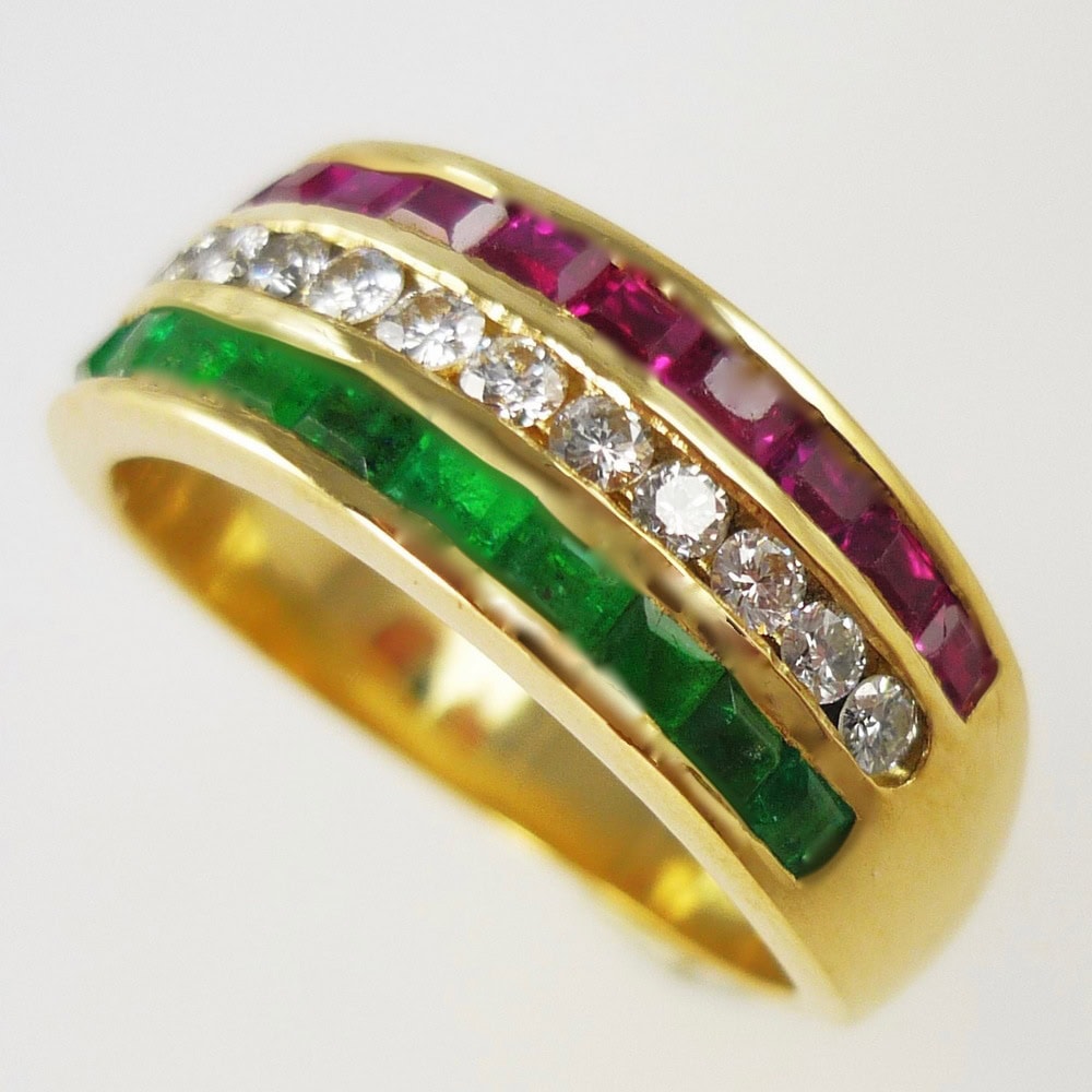 Triple row ruby diamond & emerald eternity ring yellow gold