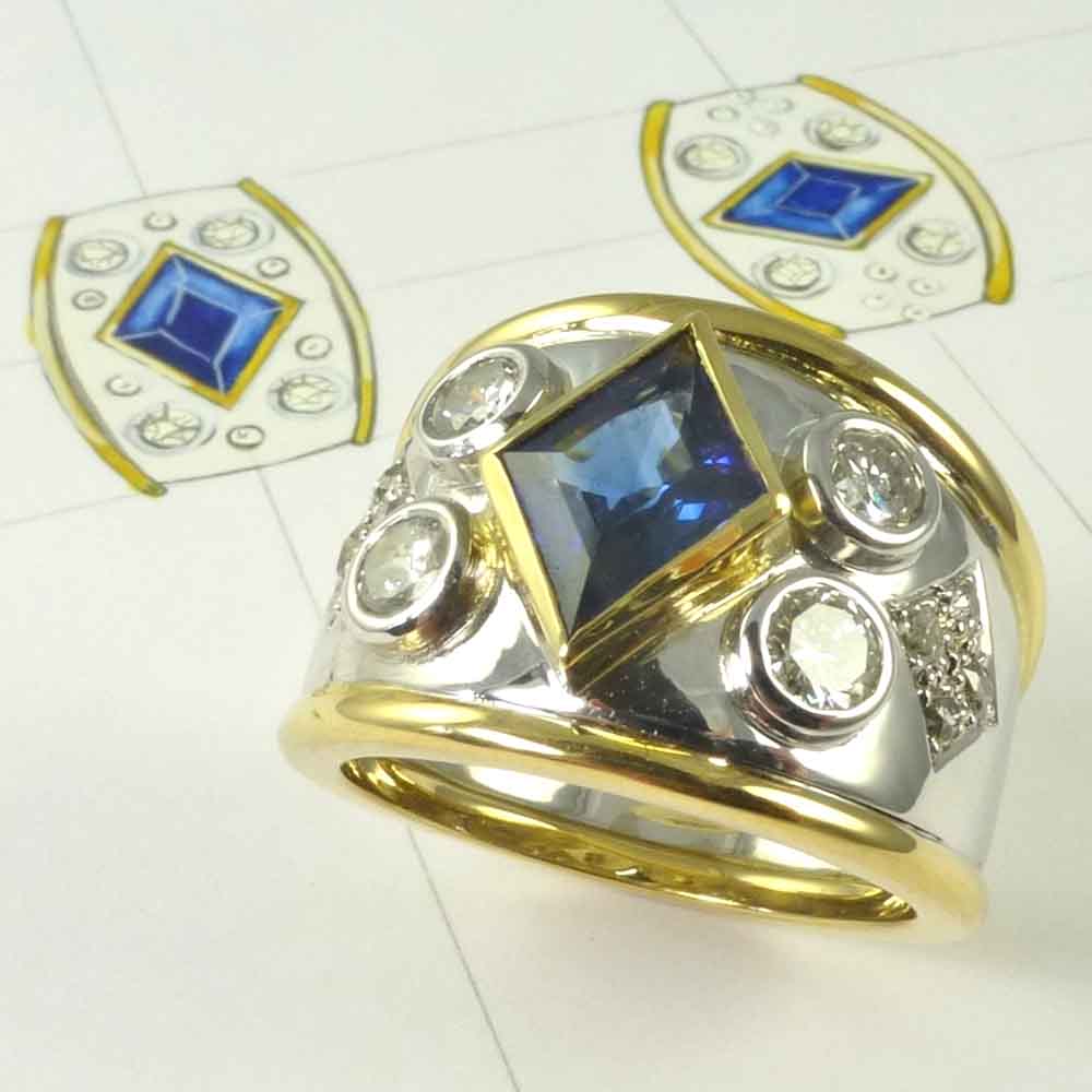 Sapphire & diamond 2 colour gold bombe dress ring