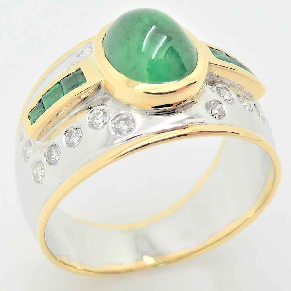 Cabochon emerald diamond two colour gold bombe dress ring