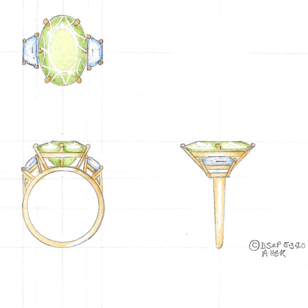 Peridot & blue topaz ring design drawing