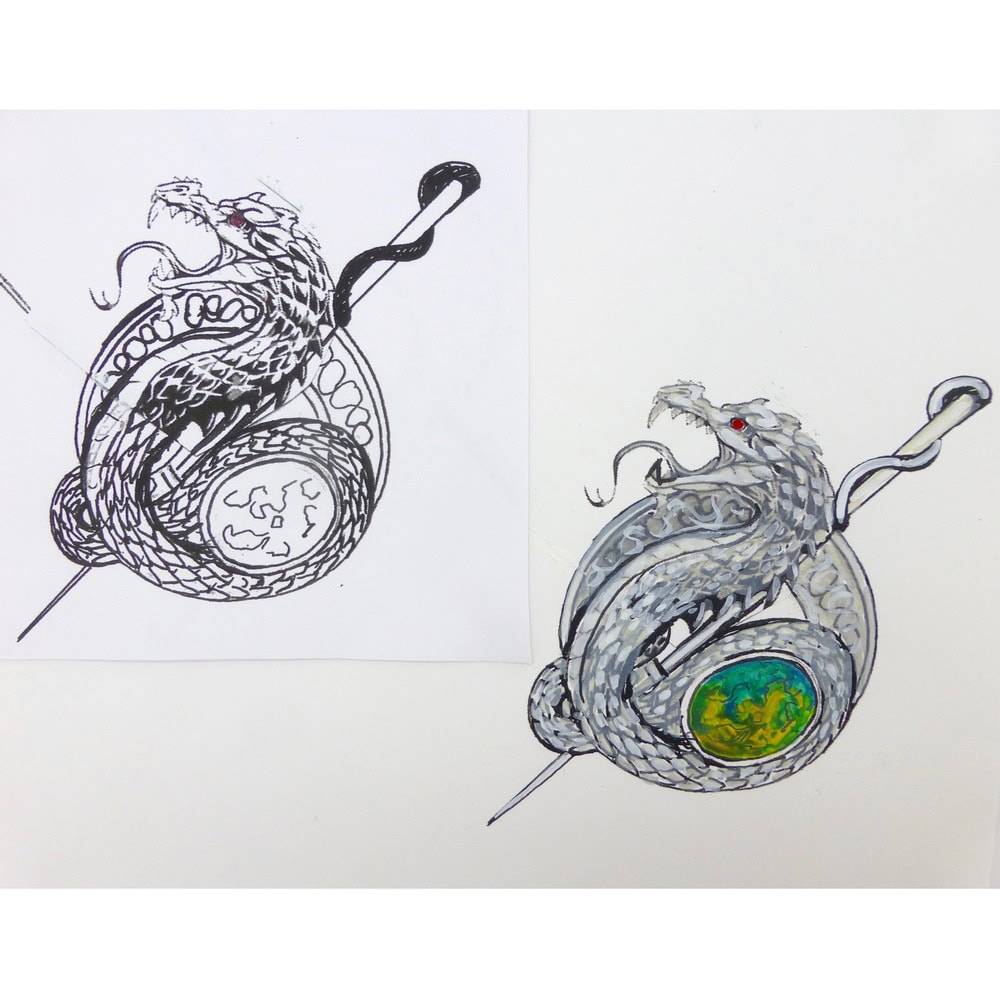 Design drawings for Scottish wyrm plaid brooch