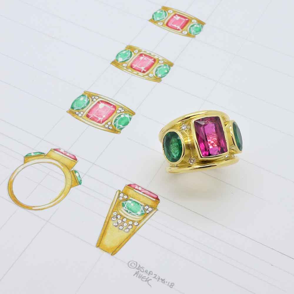 Pink and green tourmaline & diamond dress ring yellow gold