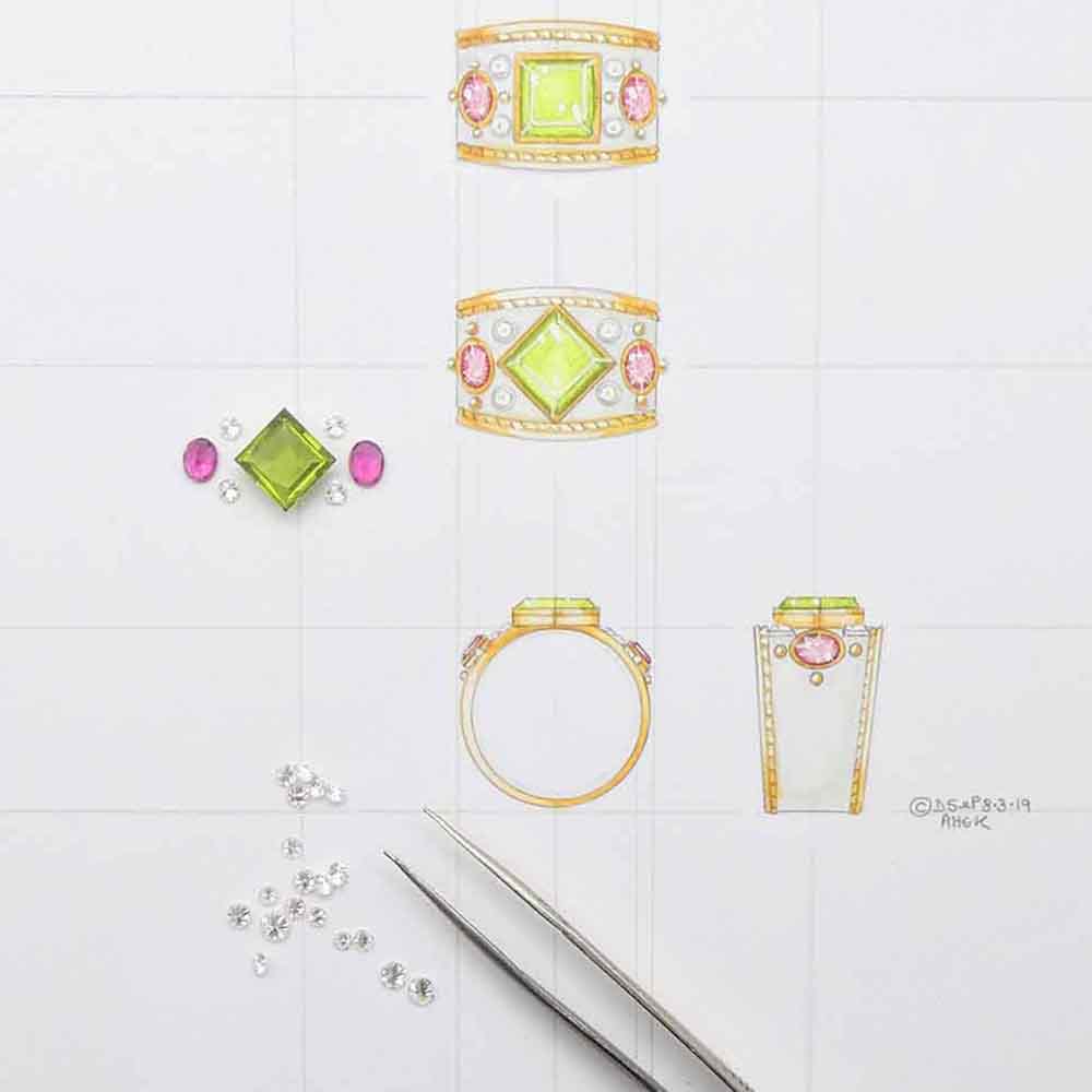 Peridot pink tourmaline & diamond bombe dress ring in yellow & white gold