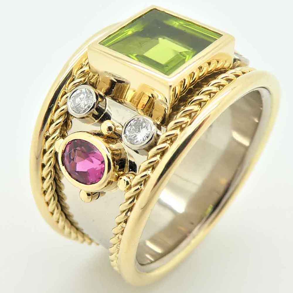 Peridot pink tourmaline & diamond bombe dress ring in yellow & white gold