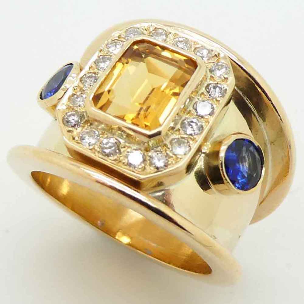 Citrine diamond & sapphire yellow gold dress ring