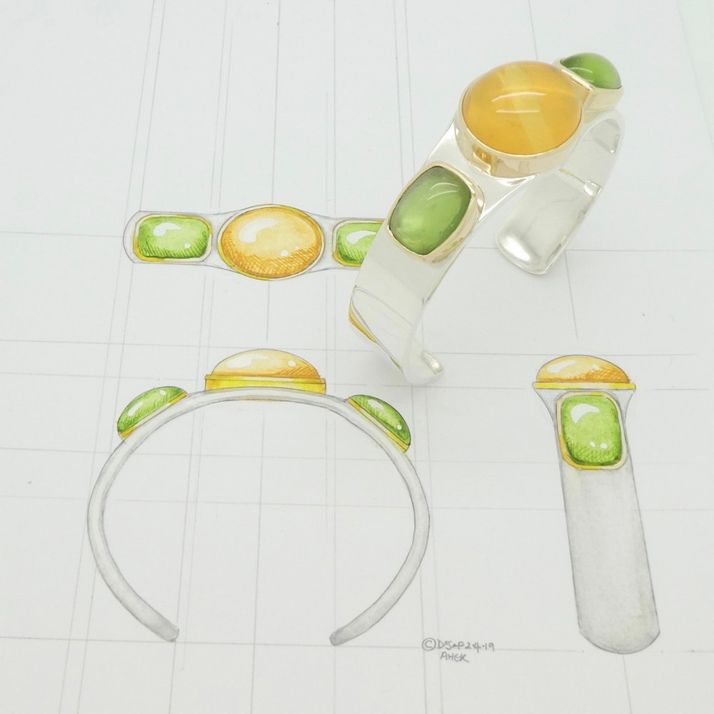 Bespoke silver bangle set with peridot and citrine