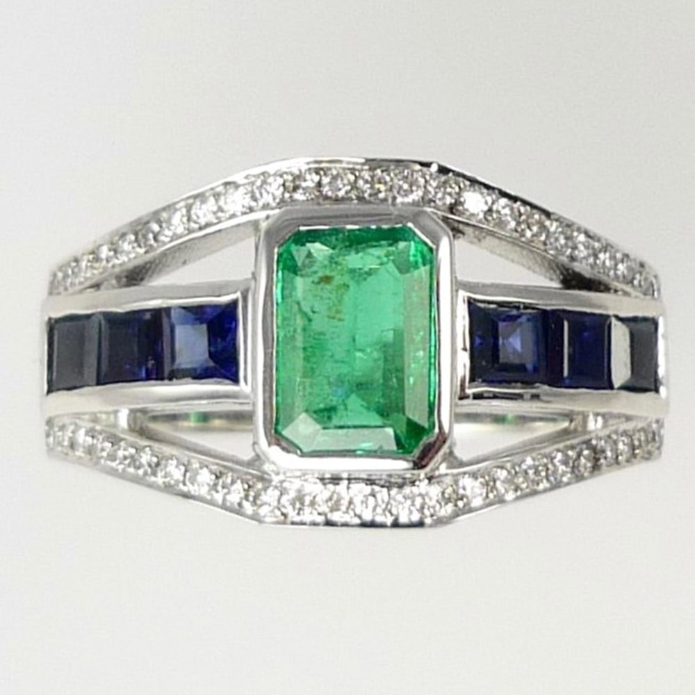 Emerald sapphire & diamond dress ring in white gold
