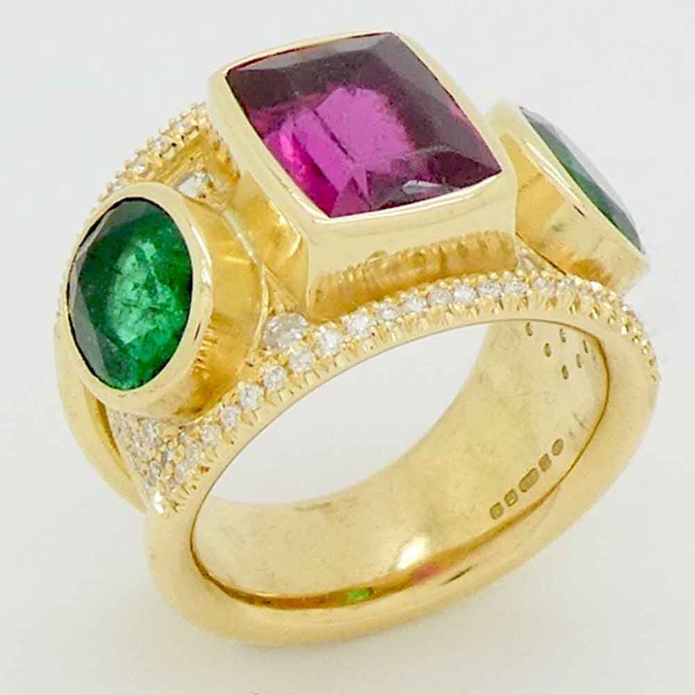 Pink green tourmaline & diamond dress ring yellow gold
