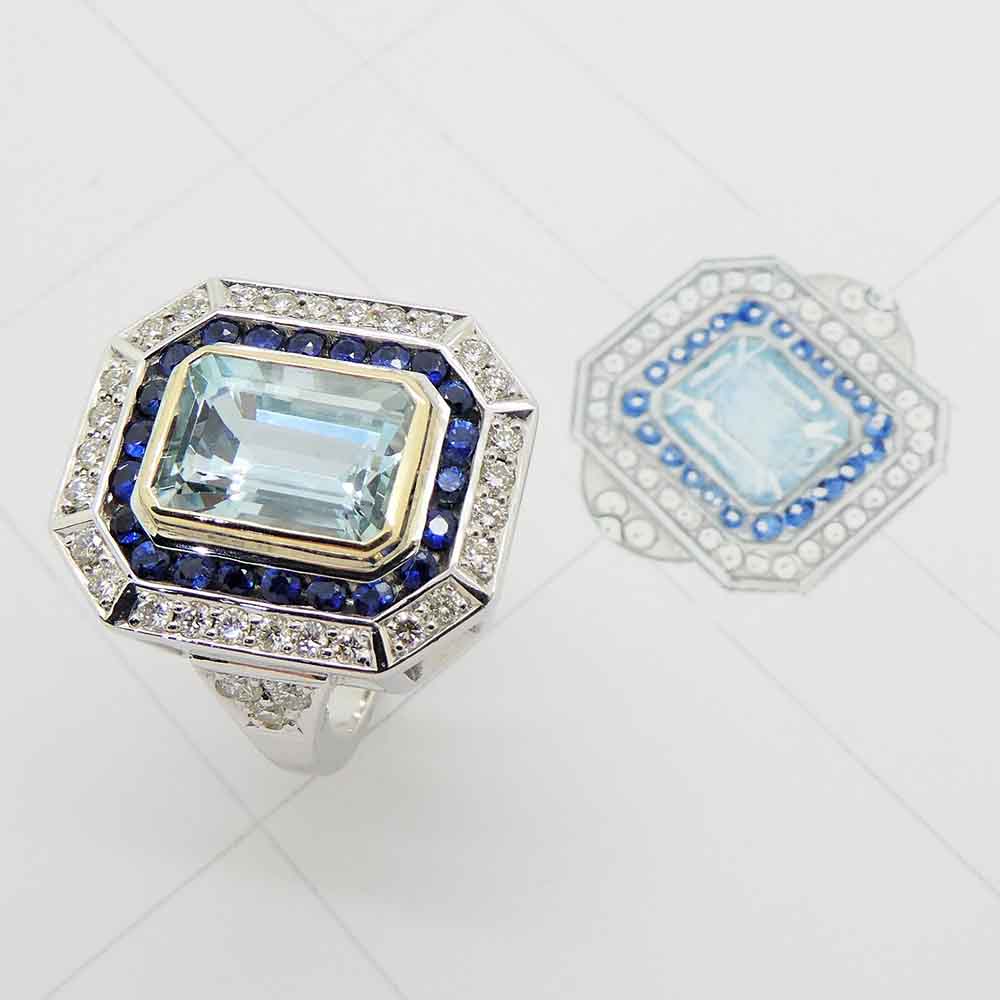 Aquamarine diamond & sapphire cocktail ring