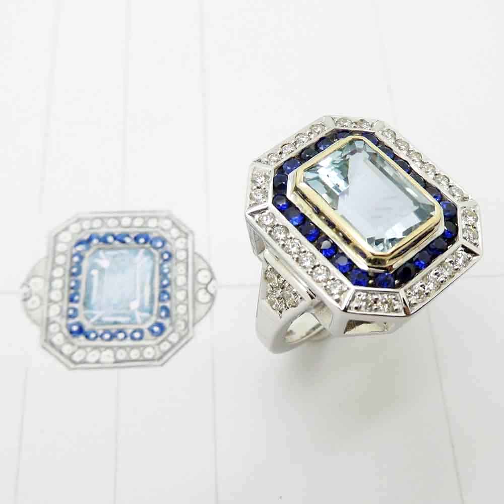 Bespoke sapphire aquamarine & diamond dress ring