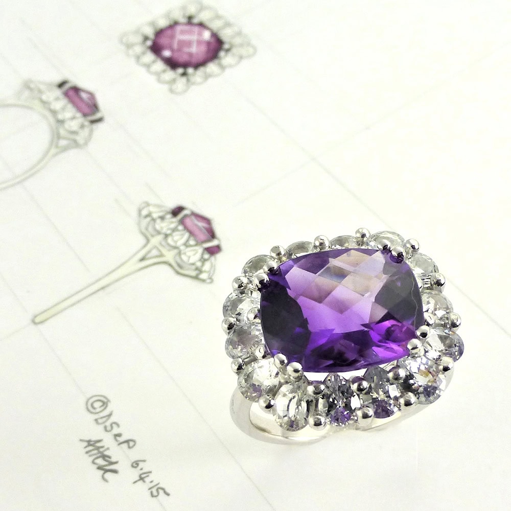 Amethyst & white sapphire dress cocktail ring white gold