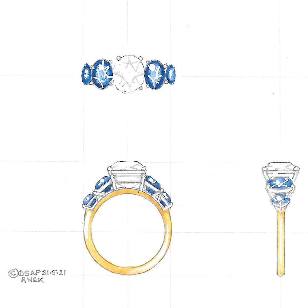 Design drawing diamond & sapphire dress ring in platinum & yellow gold