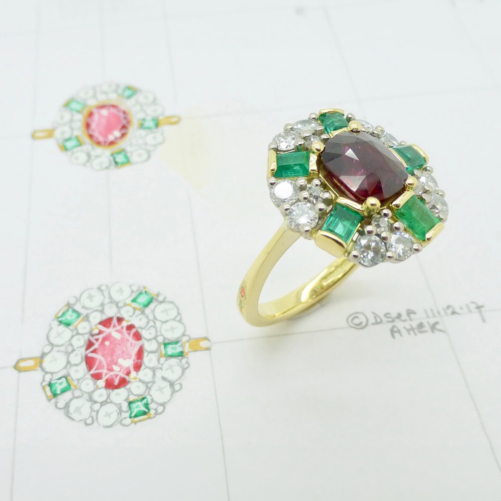 Ruby emerald & diamond dress ring
