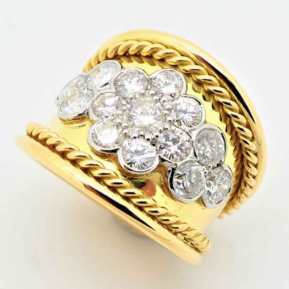 Diamond set bombe ring platinum & yellow gold rope wire twist detail