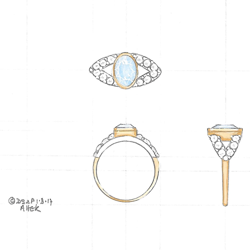 Aquamarine & diamond dress ring design drawing