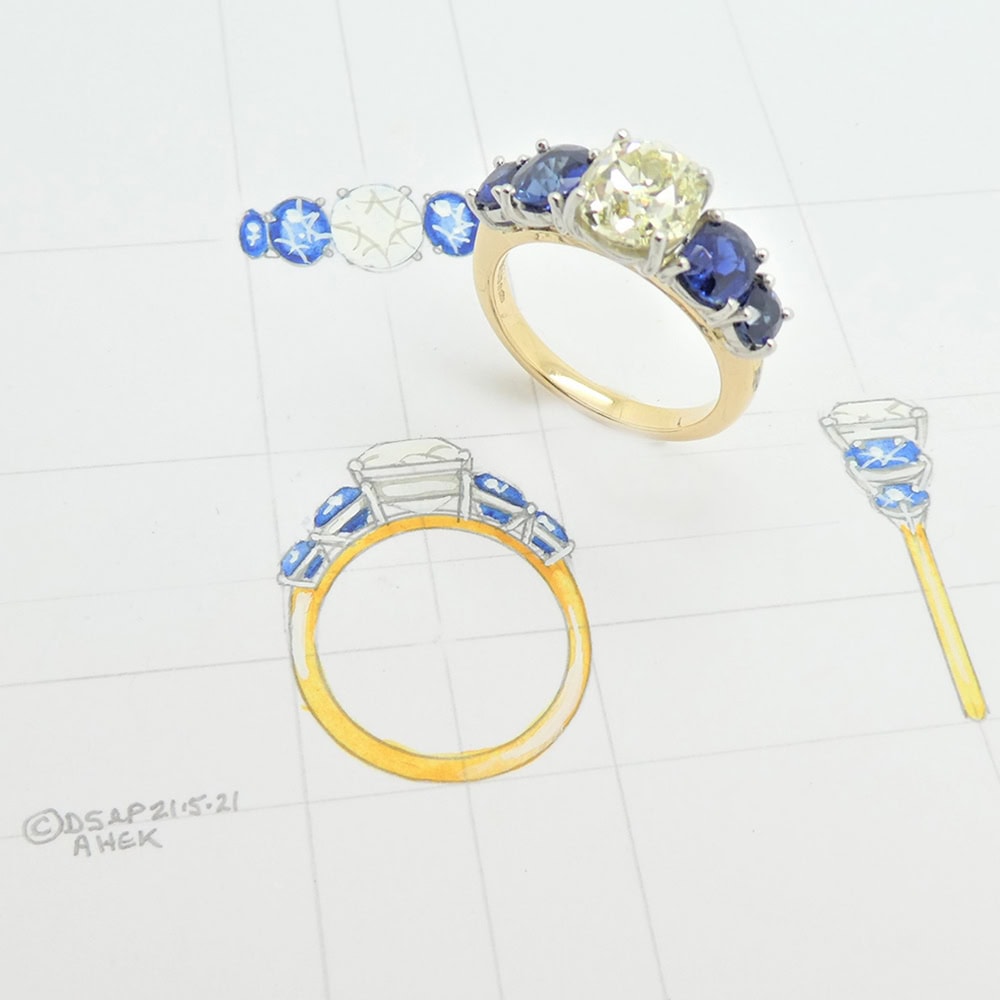 Diamond & sapphire dress ring in platinum & yellow gold
