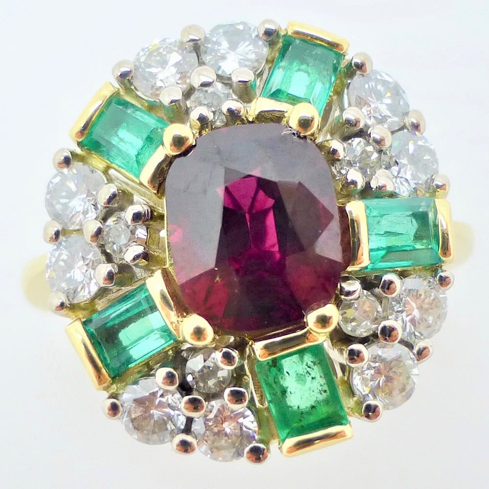 Bespoke ruby emerald & diamond cocktail ring