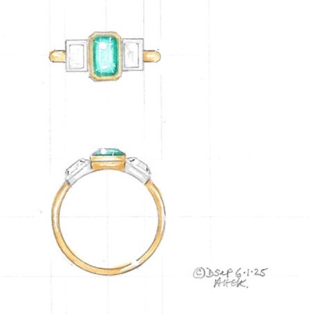 Design for an emerald and diamond engagement ring with stones set into rubover mounts