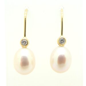 Teardrop freshwater pearl and natural diamond 9 carat gold hook earrings